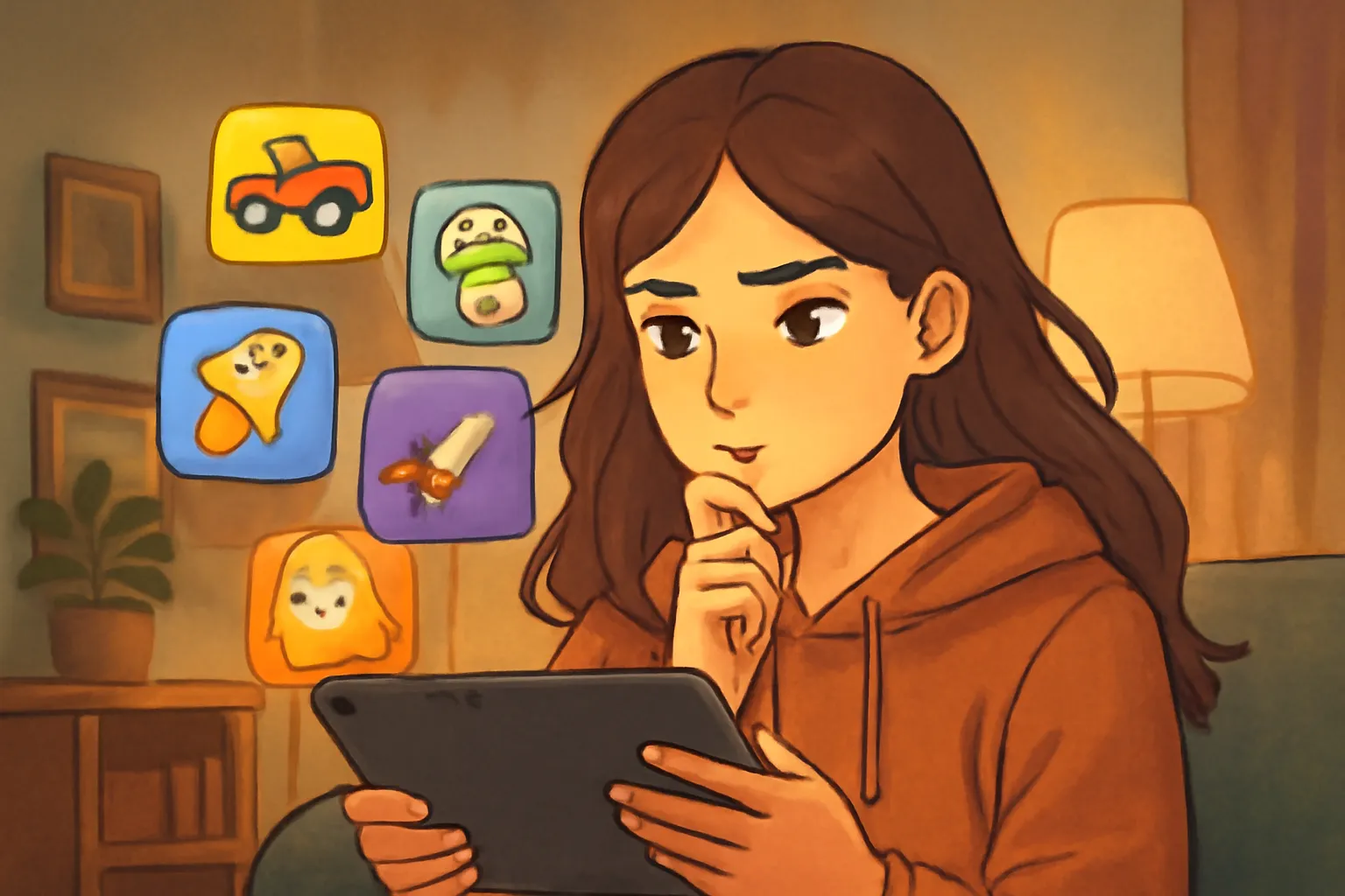Adolescente comparant plusieurs jeux vidéo sur sa tablette