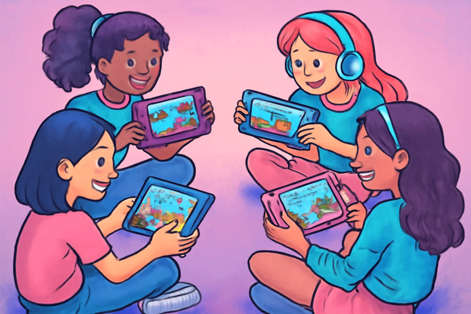 Groupe d'adolescentes partageant différents jeux vidéo entre elles