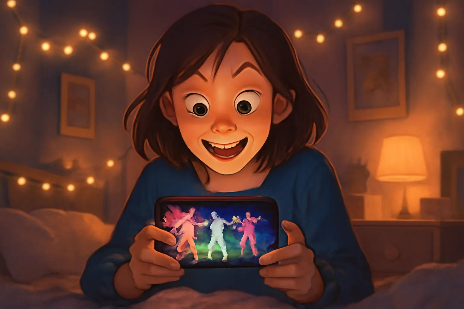 Adolescente découvrant un nouveau personnage de jeu gacha sur son téléphone