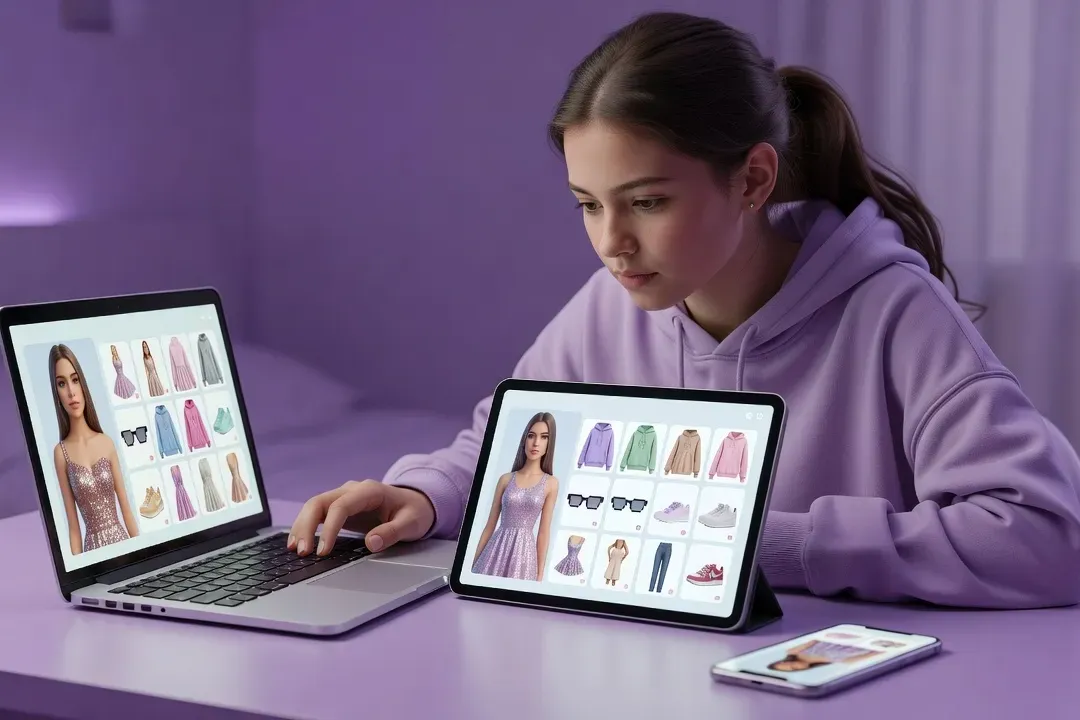 Fille jouant à des jeux d'habillage sur tablette et ordinateur