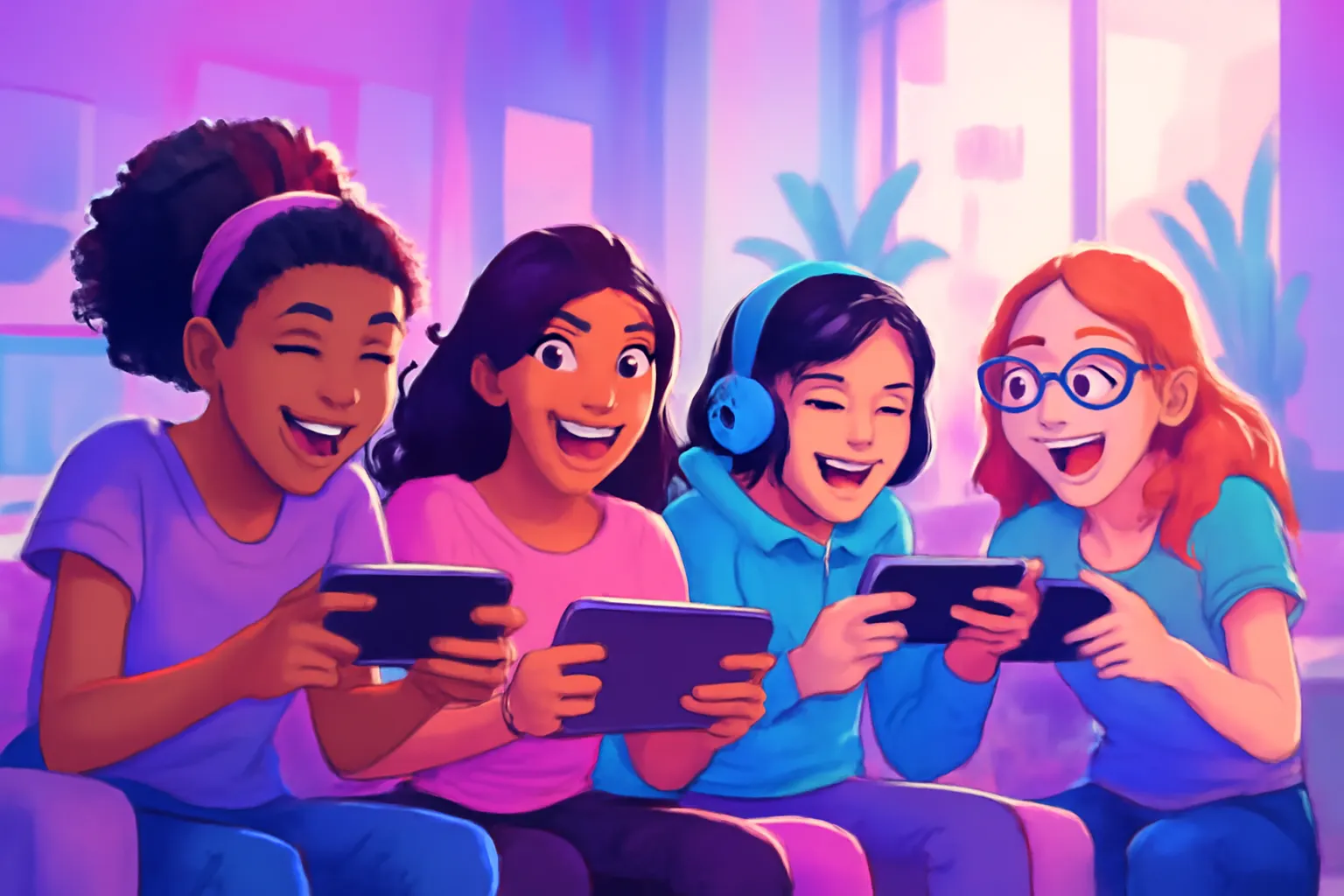 Groupe d'adolescentes jouant ensemble sur tablettes et téléphones