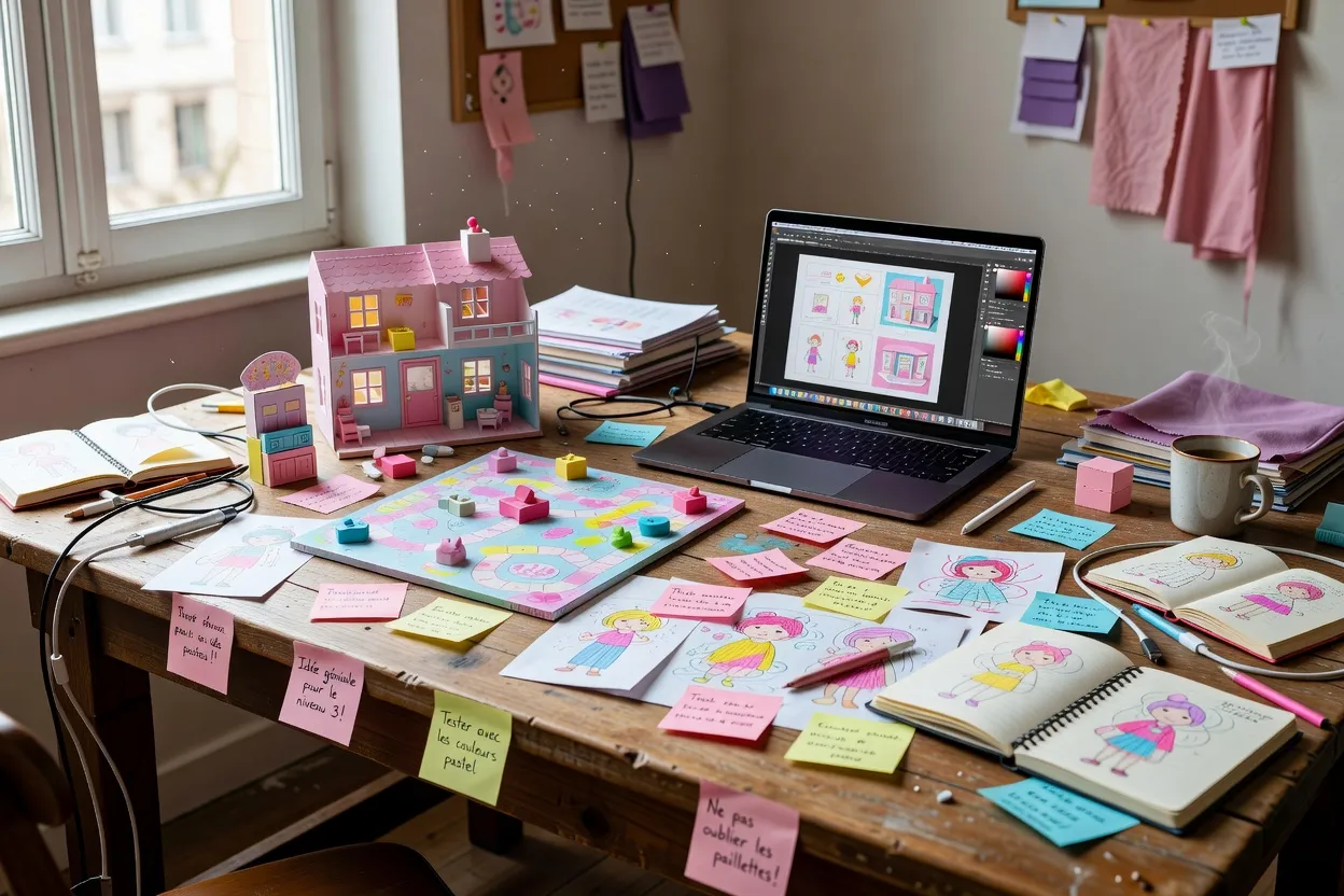 Table de travail avec prototypes de jeux pour filles