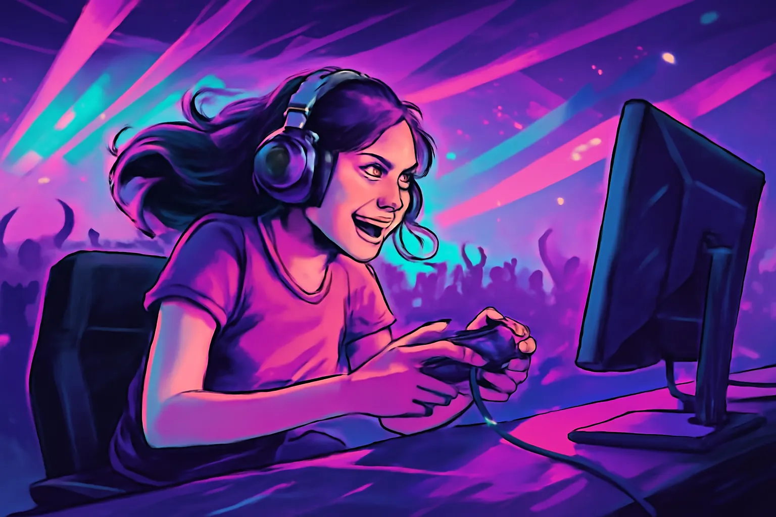 Jeune joueuse esport en compétition sur scène avec public