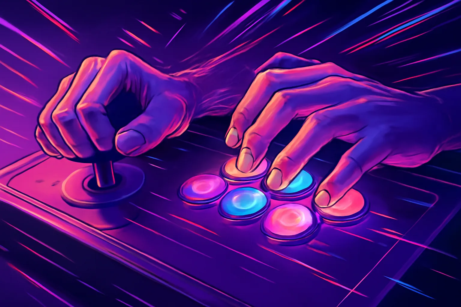 Mains sur une manette de jeu de combat arcade avec effets lumineux
