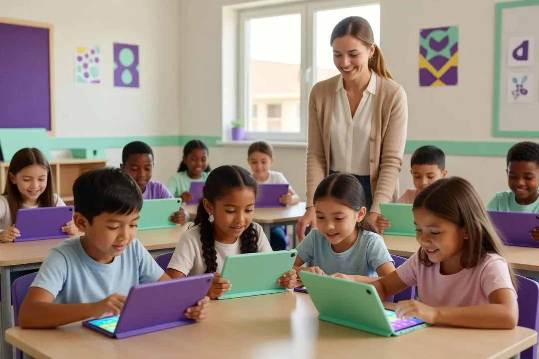 Enfants jouant à des jeux éducatifs sur tablettes