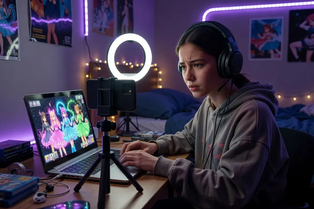 Léa dans son setup de streaming, commentant un jeu d'habillage