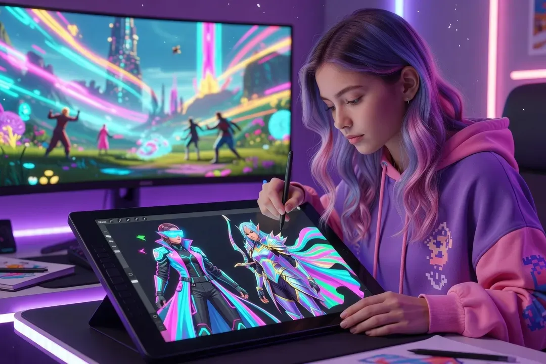 Fille créant de l'art numérique inspiré par ses jeux