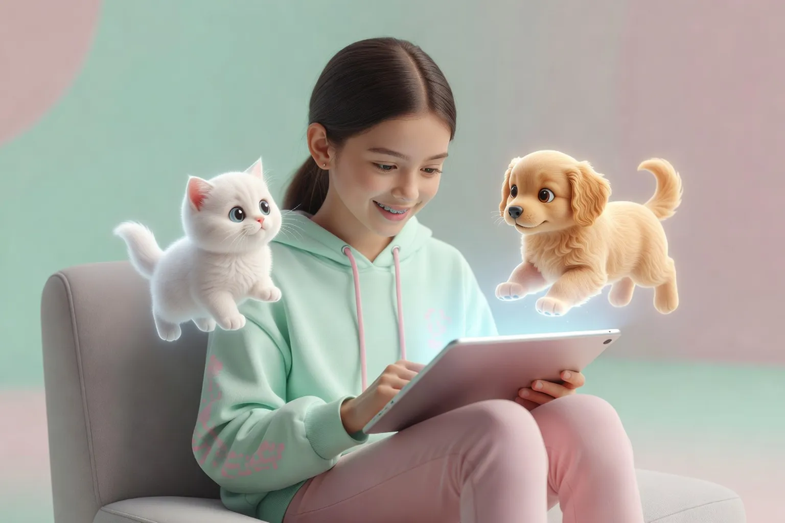Adolescente jouant a un jeu de soin d'animaux sur tablette