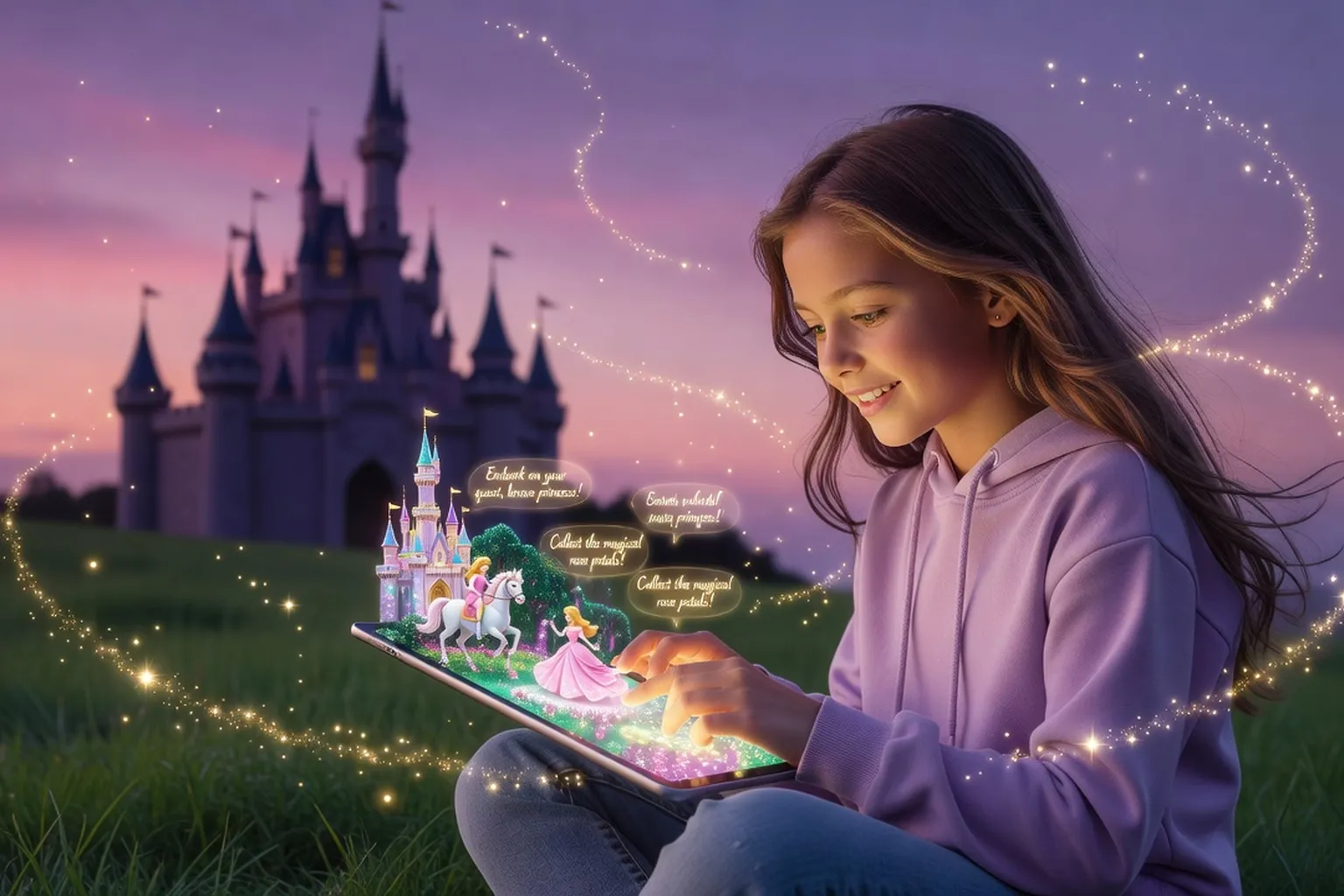 Adolescente jouant a un jeu Disney sur tablette