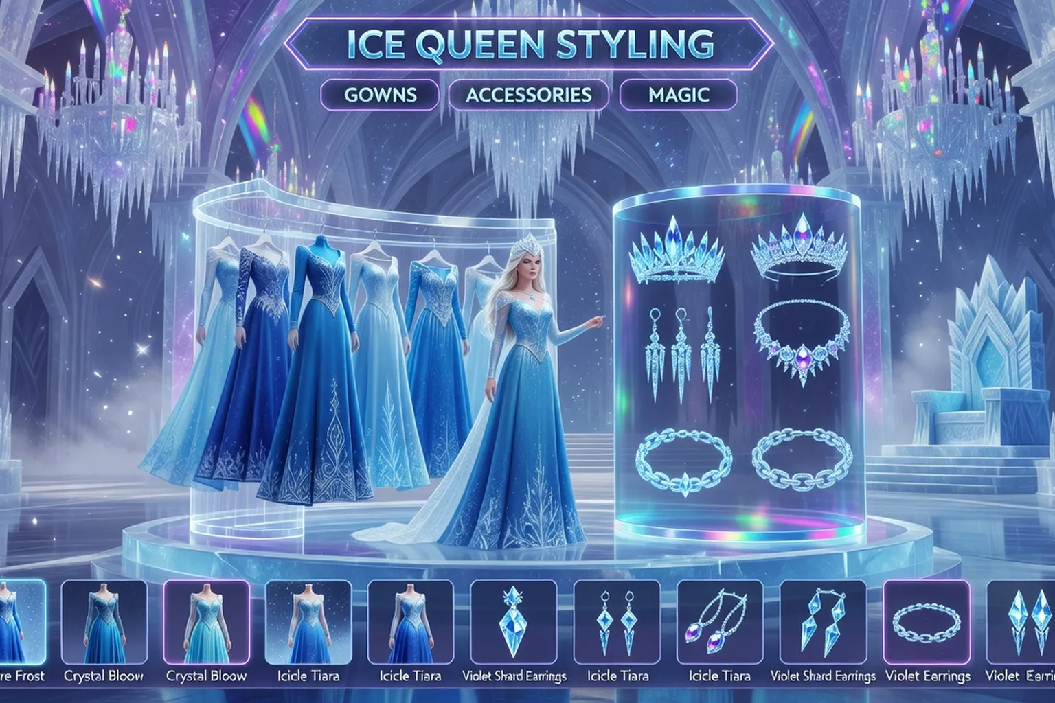 Interface d'un jeu Elsa avec robes de glace et accessoires