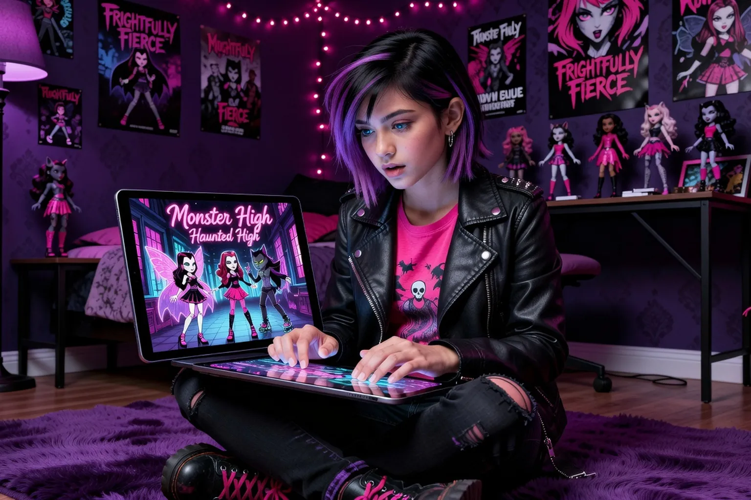 Adolescente jouant a un jeu Monster High sur tablette