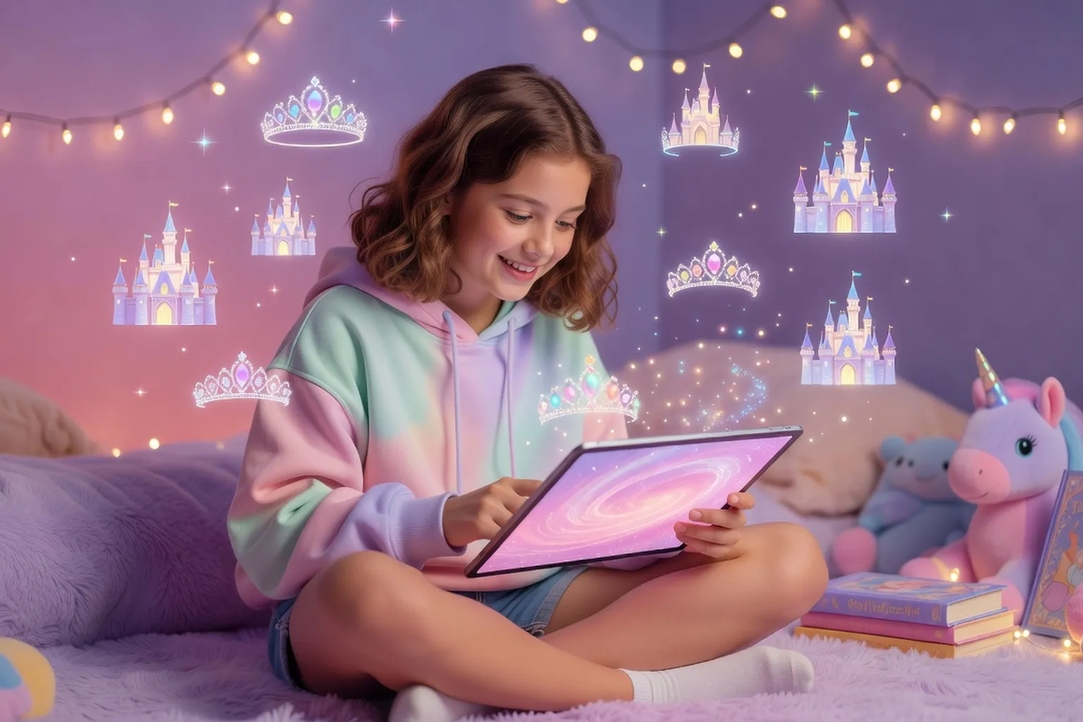 Adolescente jouant a un jeu de princesse sur tablette