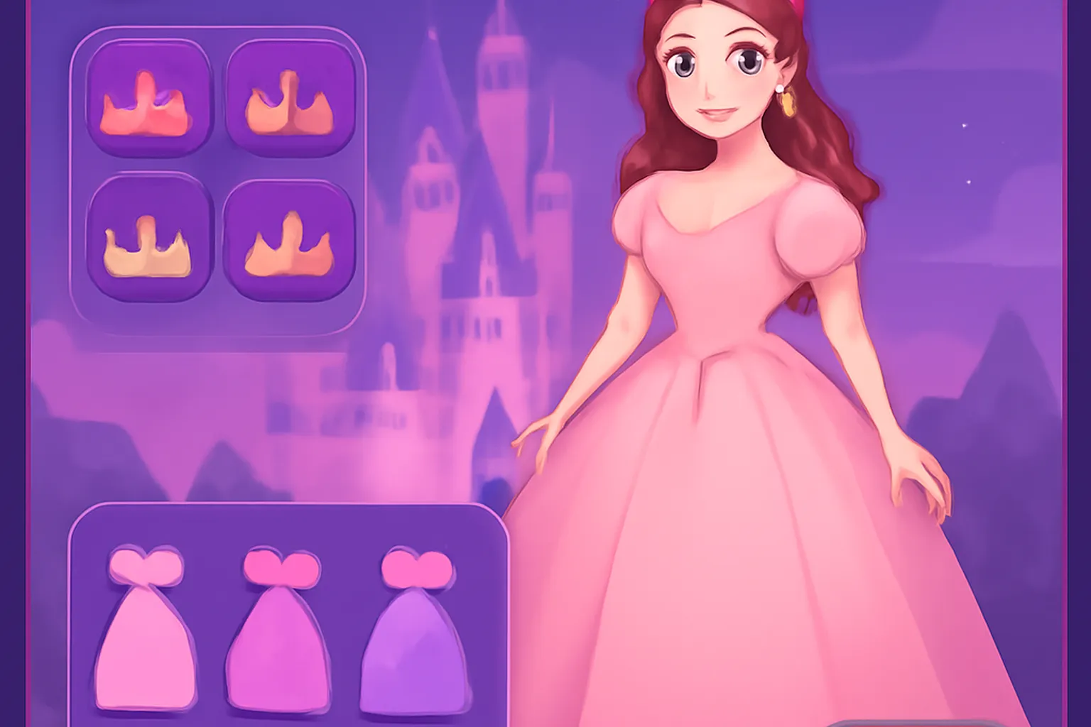 Interface d'un jeu de princesse avec couronne et robes de bal