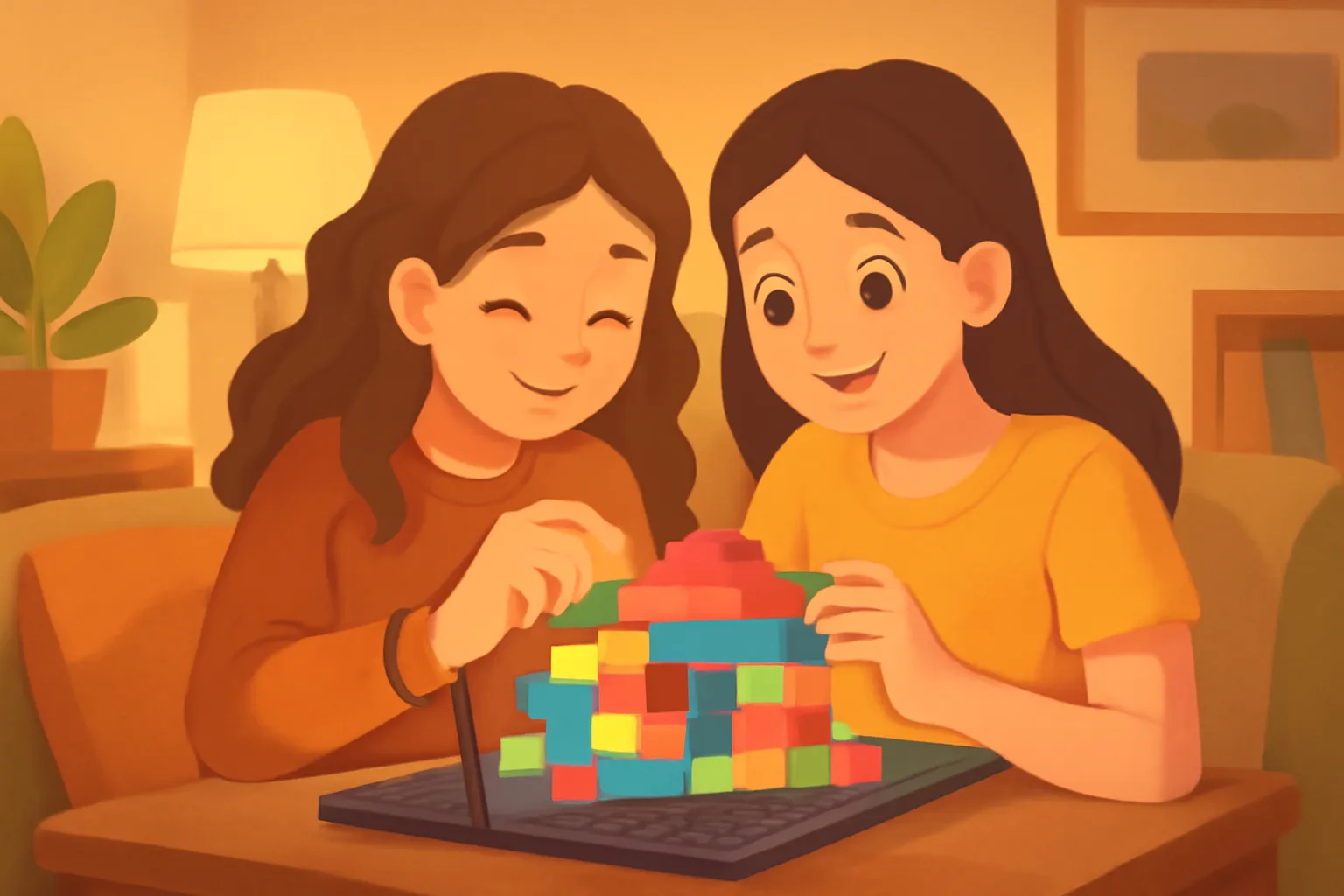 Deux adolescentes construisant ensemble une maison colorée dans un jeu de construction