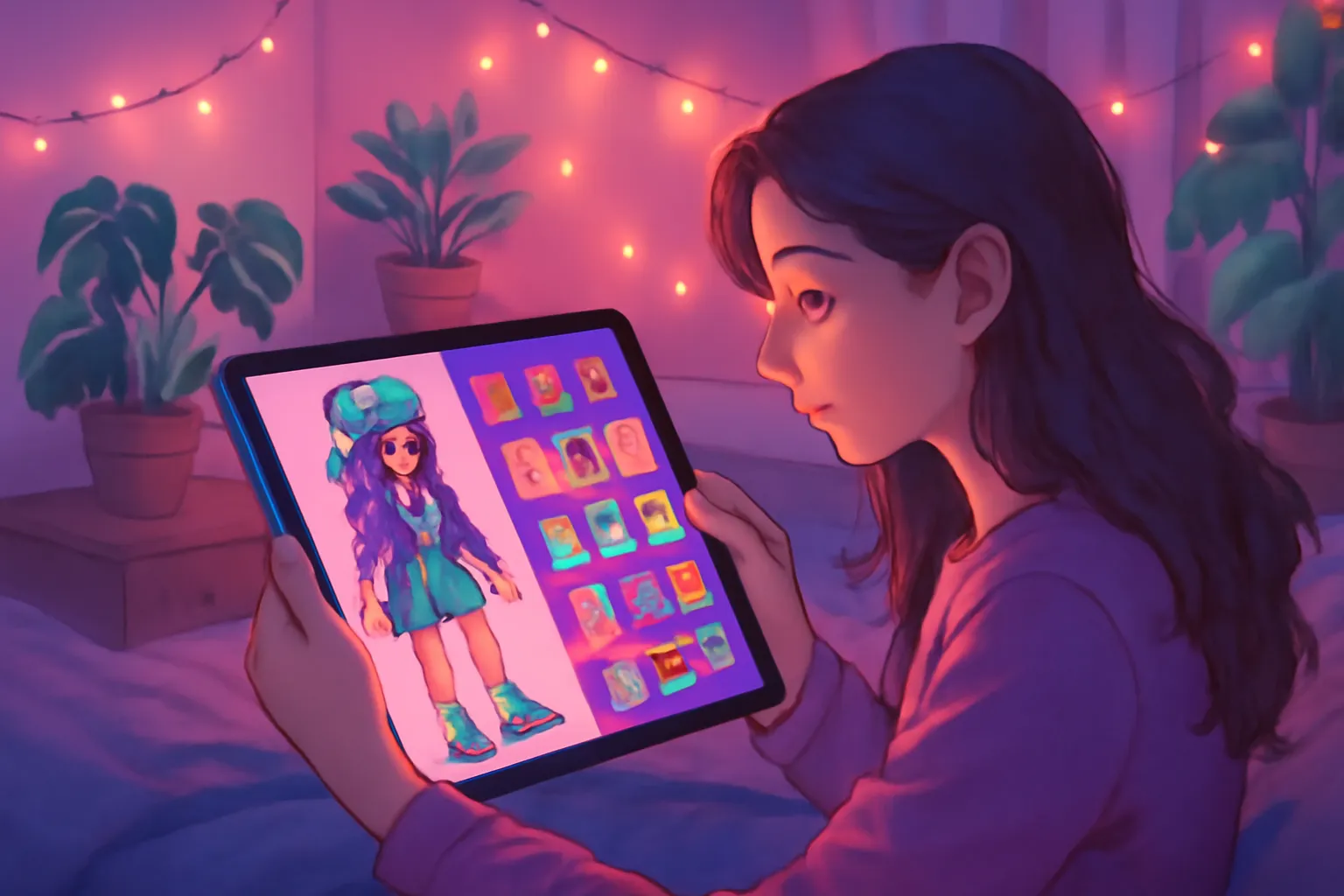 Adolescente personnalisant un avatar coloré sur tablette
