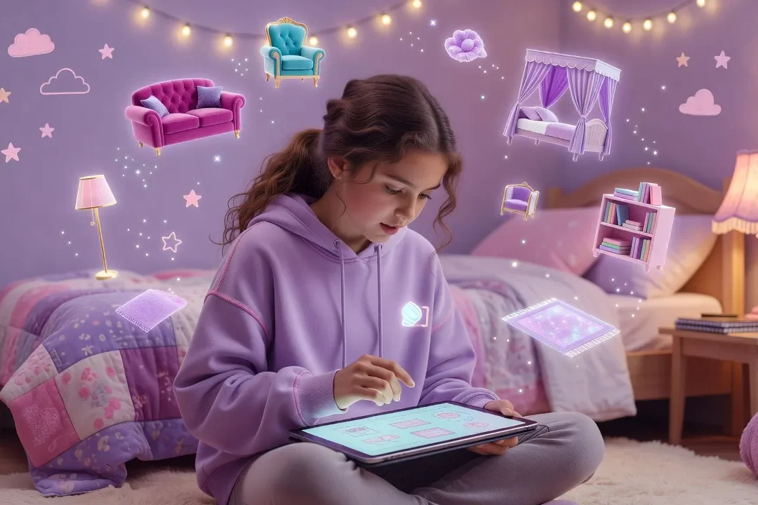 Adolescente jouant à un jeu de simulation de vie sur tablette