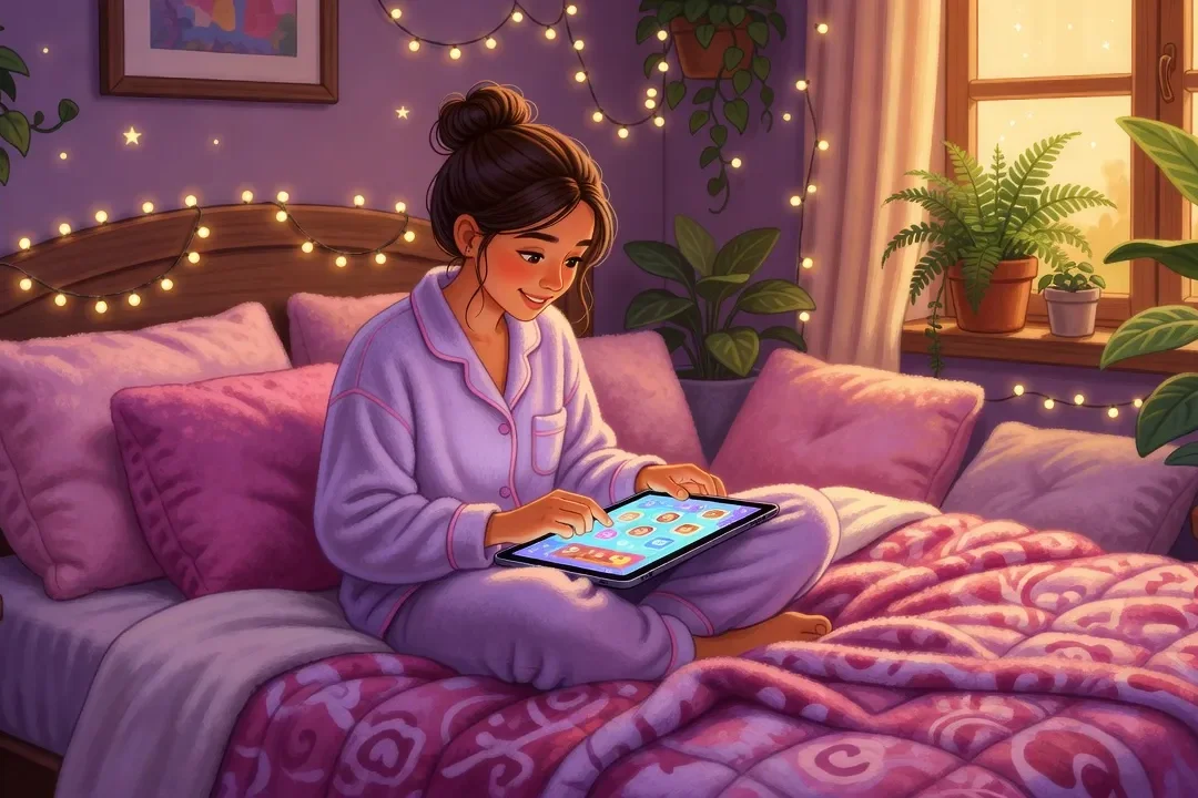 Adolescente qui joue à un jeu vidéo de simulation de vie sur tablette