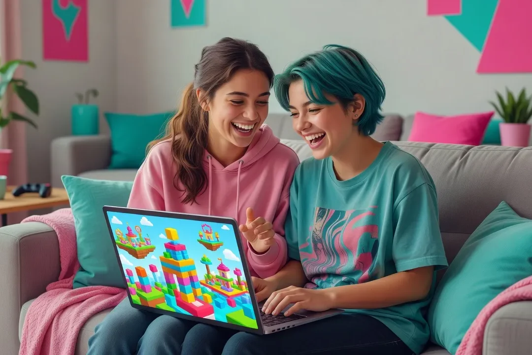 Adolescentes jouant ensemble sur une tablette à un jeu de création en ligne